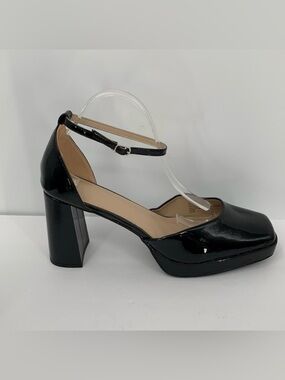 BP D'Orsay black patent pumps ankle strap chunky heel platform shoe Drag 14